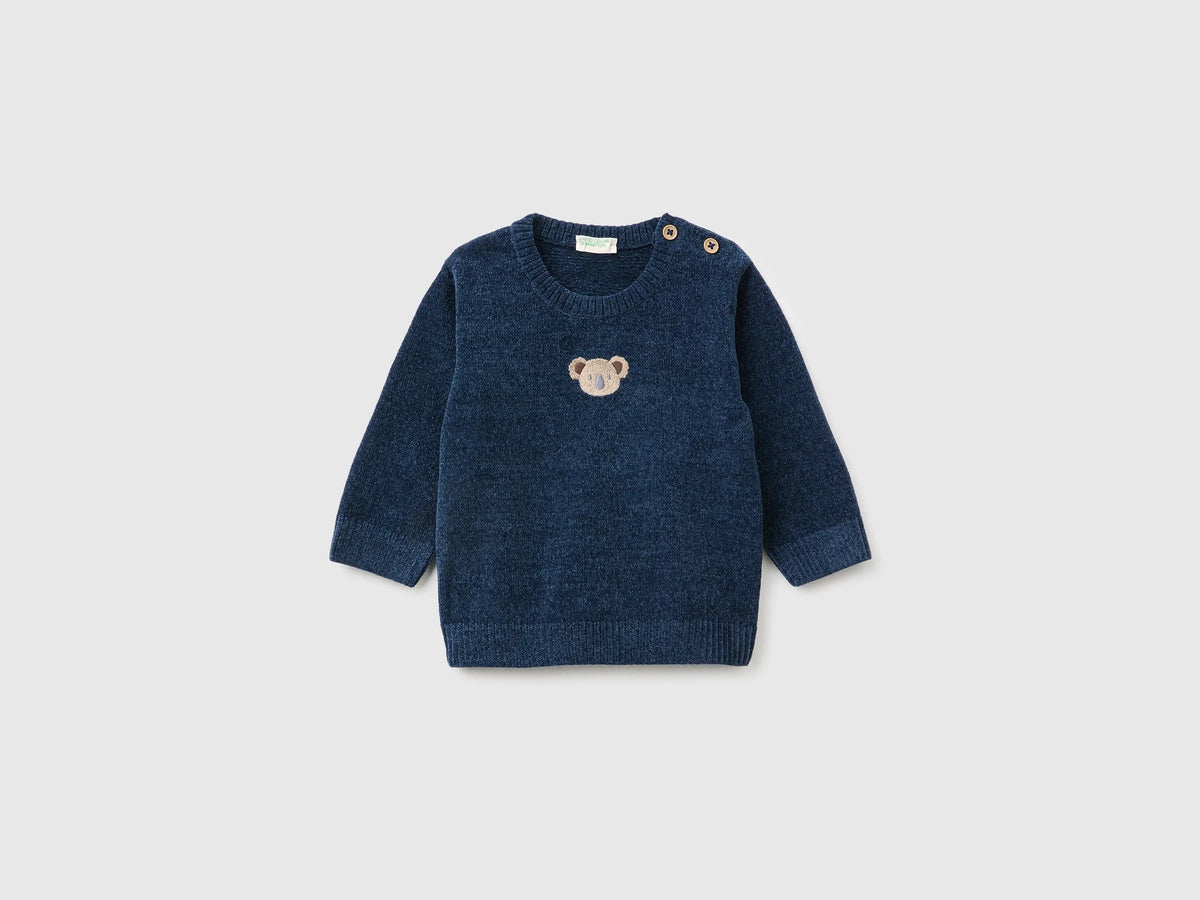 Benetton Blue New Born Chenille Sweater with Embroidery SKU: 19MVA101O_355 Image 01