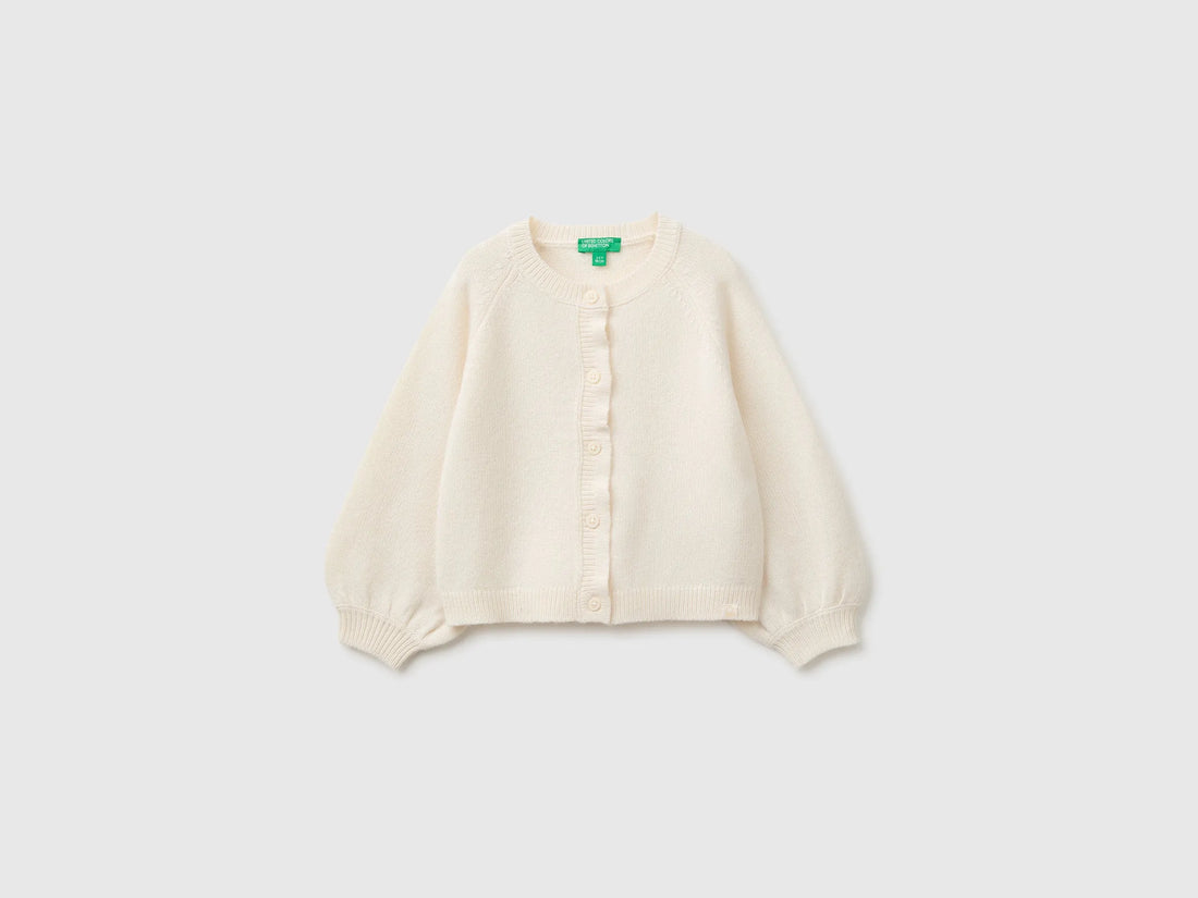 Benetton Creamy White Girls Crew Neck Cardigan with Buttons SKU: 19WPG500U_0R2 Image 01