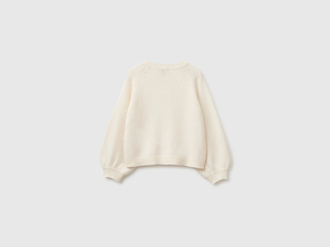 Benetton Creamy White Girls Crew Neck Cardigan with Buttons SKU: 19WPG500U_0R2 Image 02
