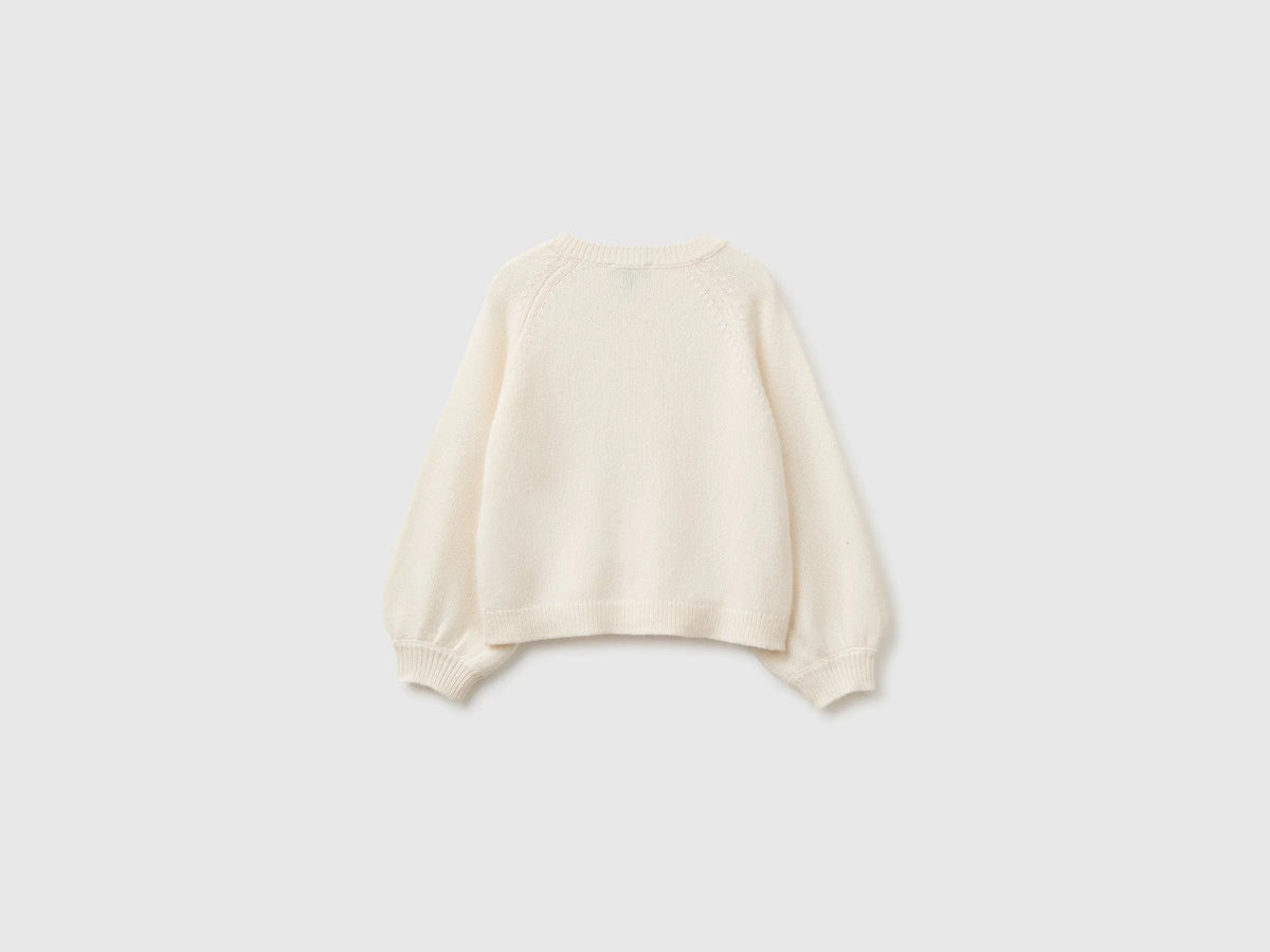 Benetton Creamy White Girls Crew Neck Cardigan with Buttons SKU: 19WPG500U_0R2 Image 02