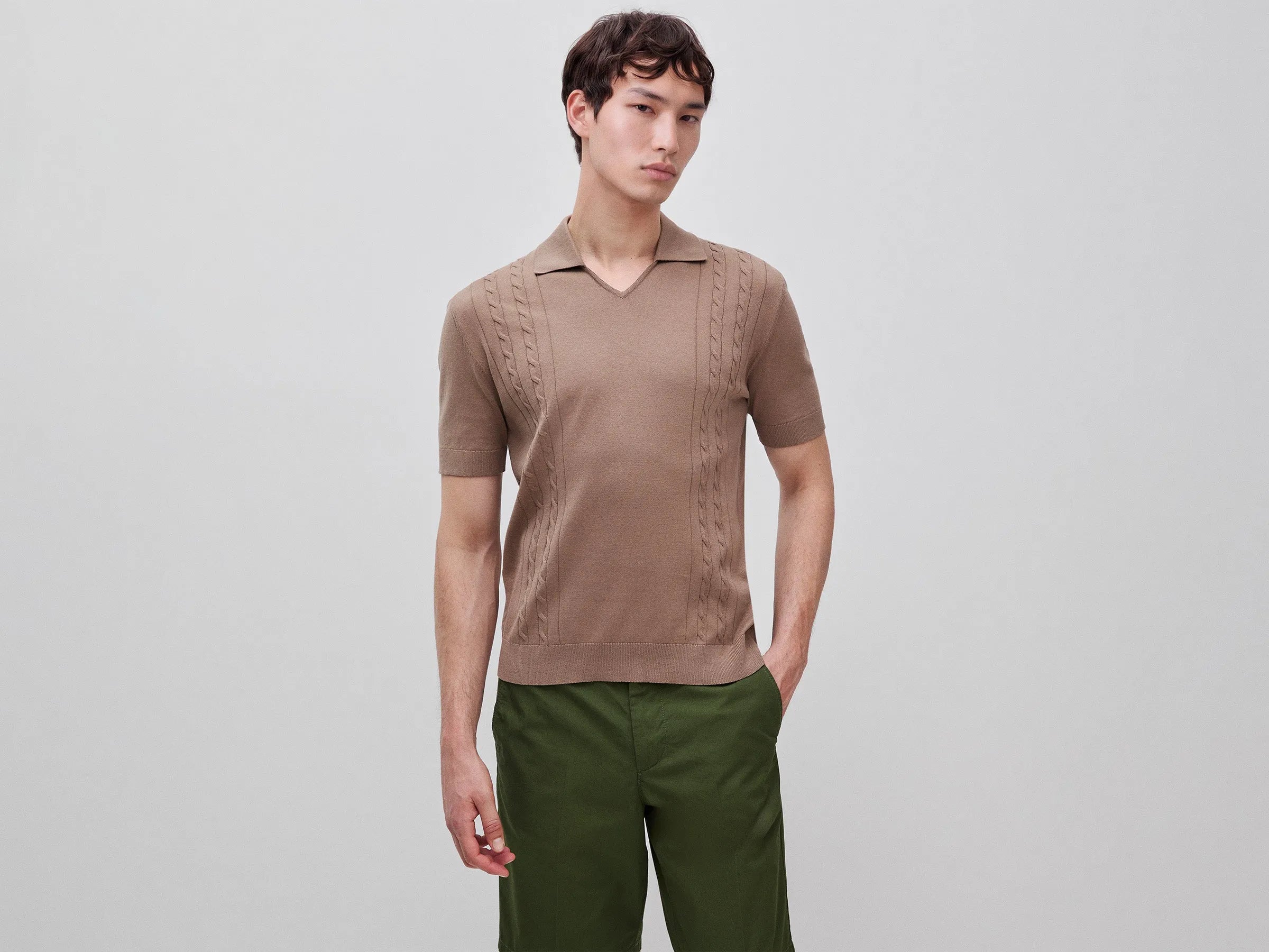 Benetton Brown Men Knitted Polo Shirt with Cables SKU: 1D7ZU301U_04B Image 01