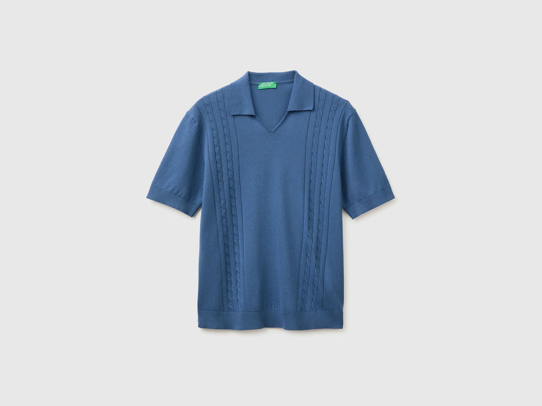 Benetton Blue Men Knitted Polo Shirt with Cables SKU: 1D7ZU301U_217 Image 01