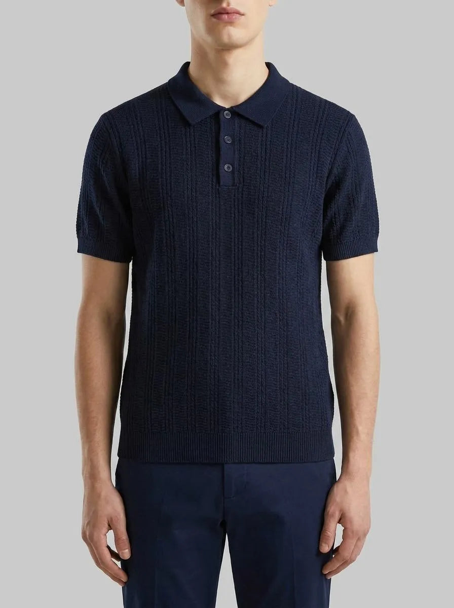 Benetton Dark Blue Men Textured Linen Blend Polo Shirt SKU: 1DC3U301T_016 Image 00