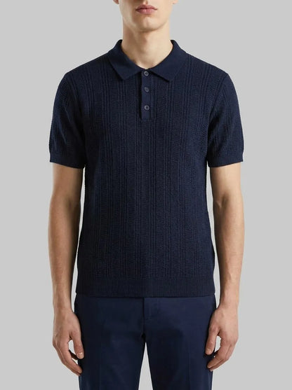 Benetton Dark Blue Men Textured Linen Blend Polo Shirt SKU: 1DC3U301T_016 Image 00