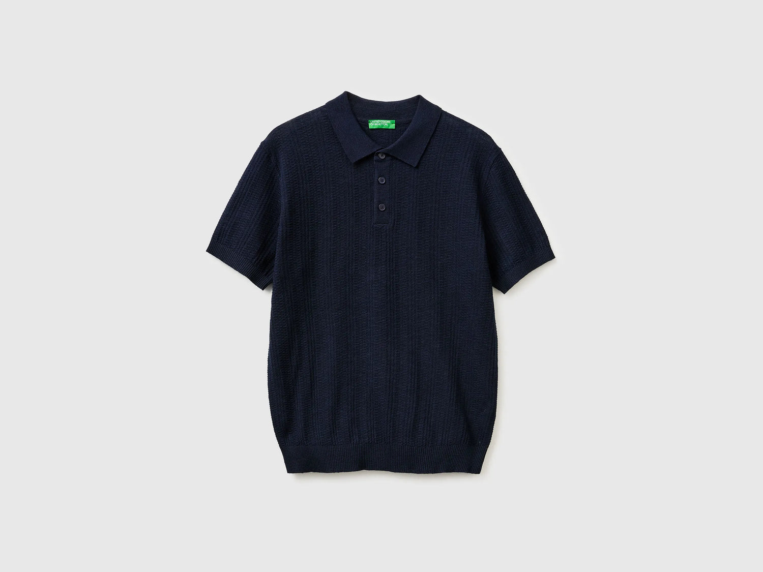 Benetton Dark Blue Men Textured Linen Blend Polo Shirt SKU: 1DC3U301T_016 Image 01
