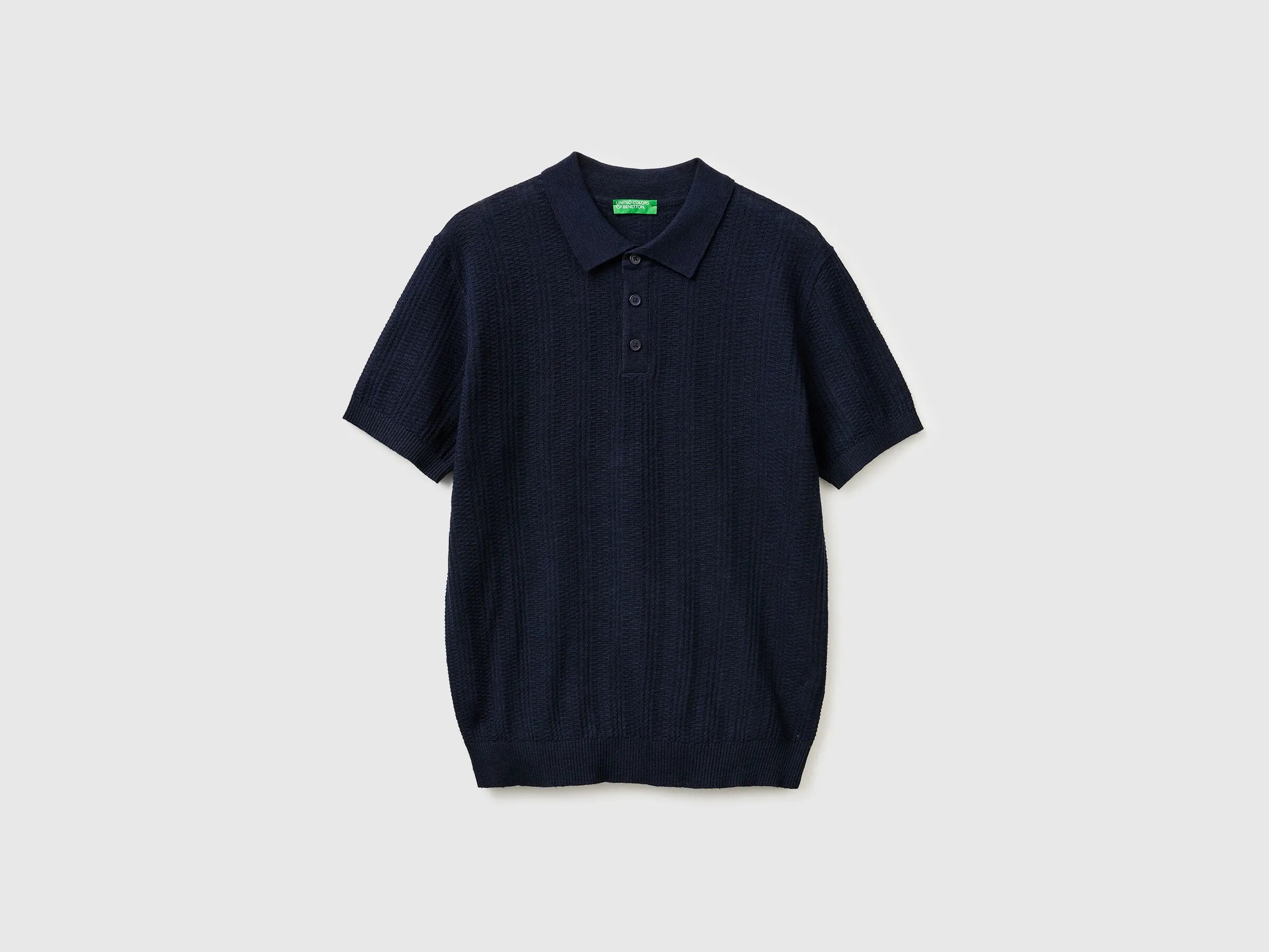 Benetton Dark Blue Men Textured Linen Blend Polo Shirt SKU: 1DC3U301T_016 Image 01