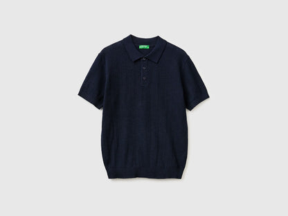 Benetton Dark Blue Men Textured Linen Blend Polo Shirt SKU: 1DC3U301T_016 Image 01