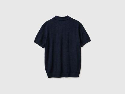 Benetton Dark Blue Men Textured Linen Blend Polo Shirt SKU: 1DC3U301T_016 Image 02