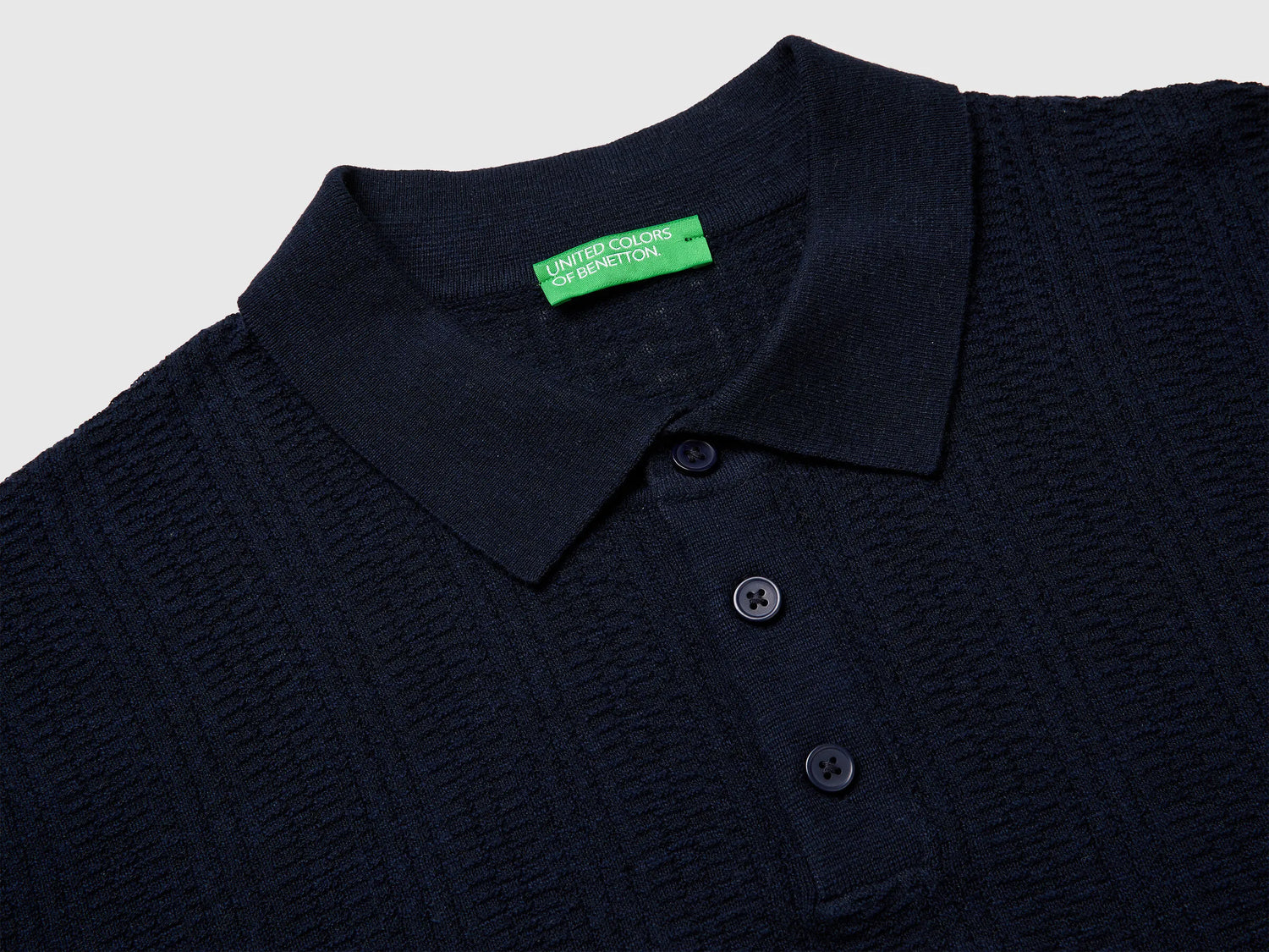 Benetton Dark Blue Men Textured Linen Blend Polo Shirt SKU: 1DC3U301T_016 Image 03