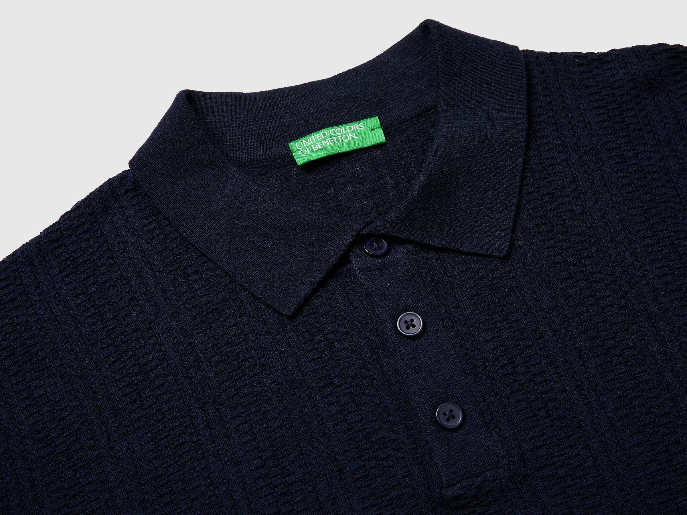 Benetton Dark Blue Men Textured Linen Blend Polo Shirt SKU: 1DC3U301T_016 Image 03
