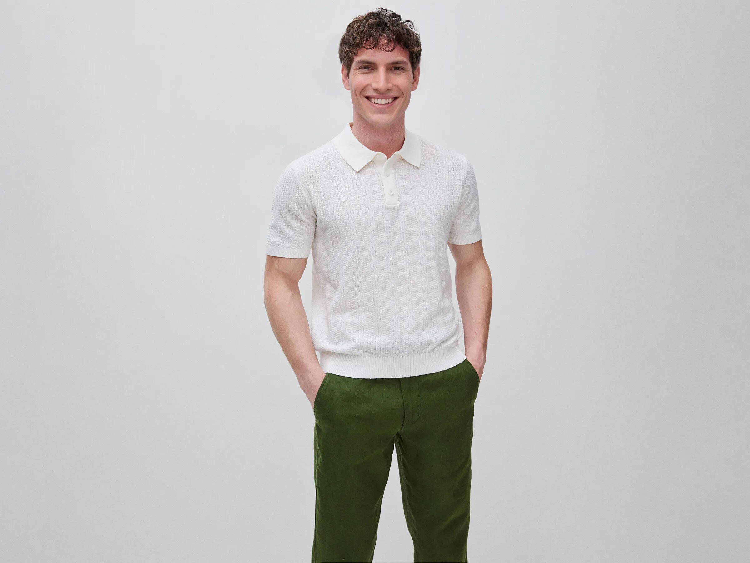 Benetton Creamy White Men Textured Linen Blend Polo Shirt SKU: 1DC3U301T_074 Image 01
