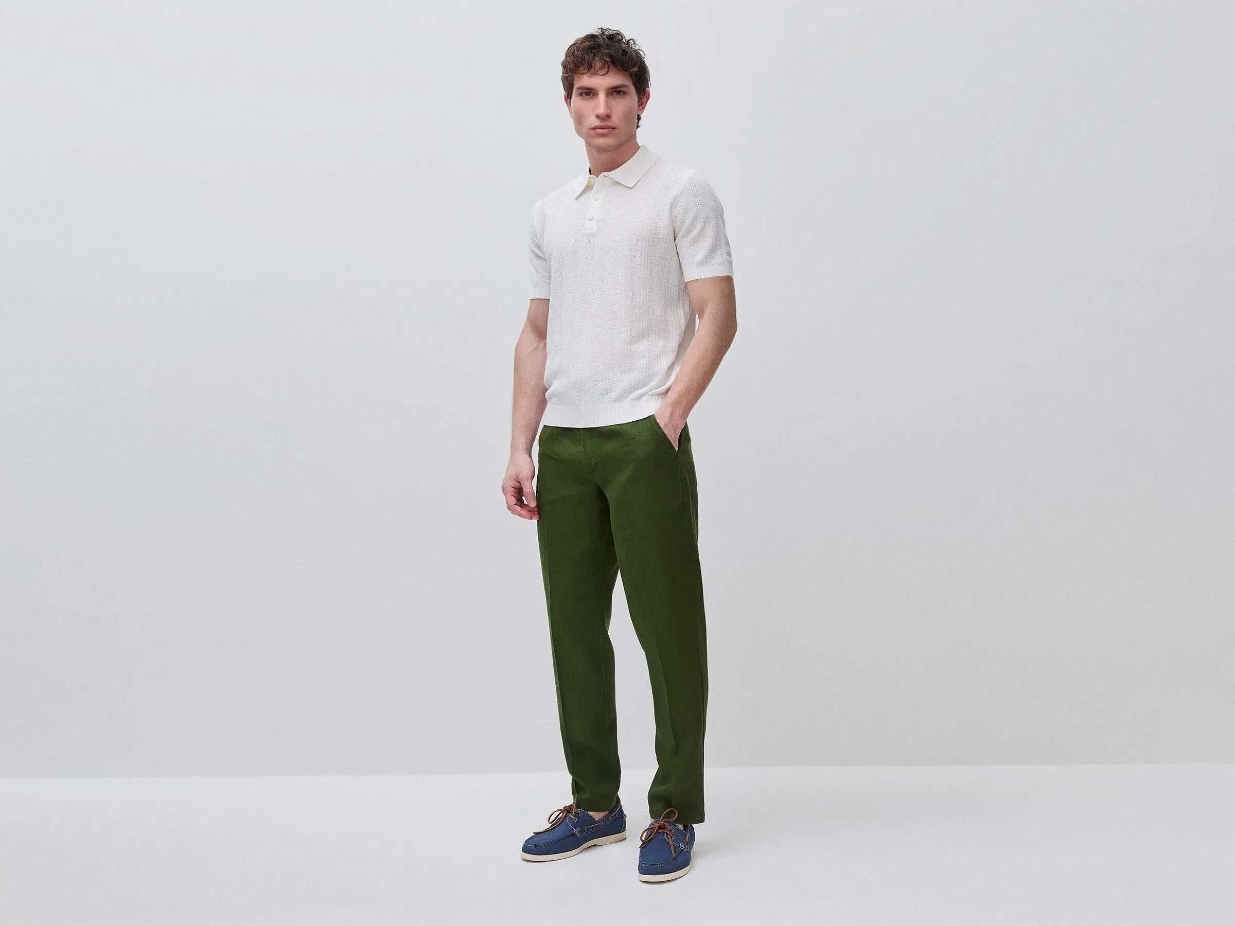 Benetton Creamy White Men Textured Linen Blend Polo Shirt SKU: 1DC3U301T_074 Image 03