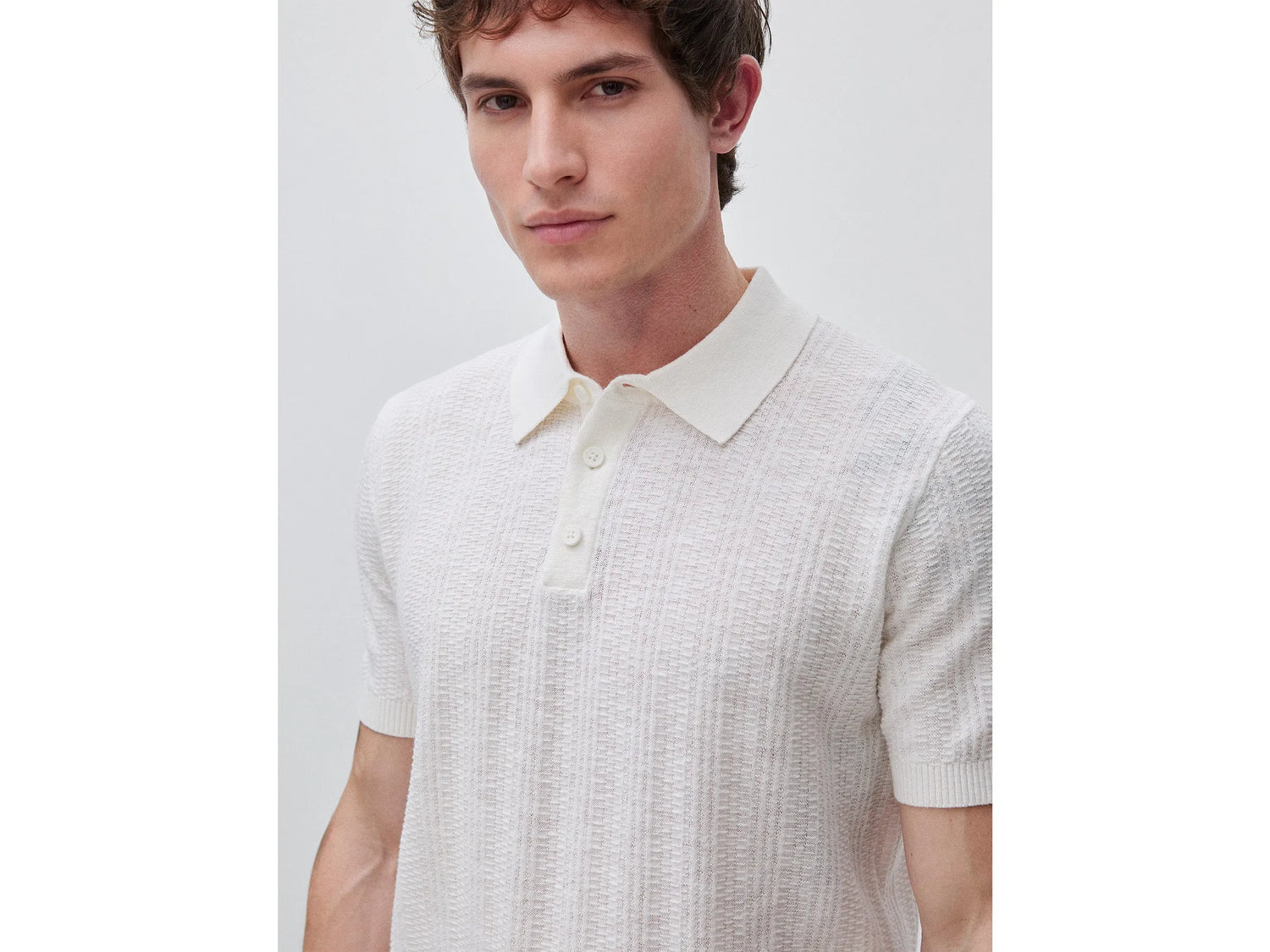 Benetton White Men Textured Linen Blend Polo Shirt SKU: 1DC3U301T_074 Image 05