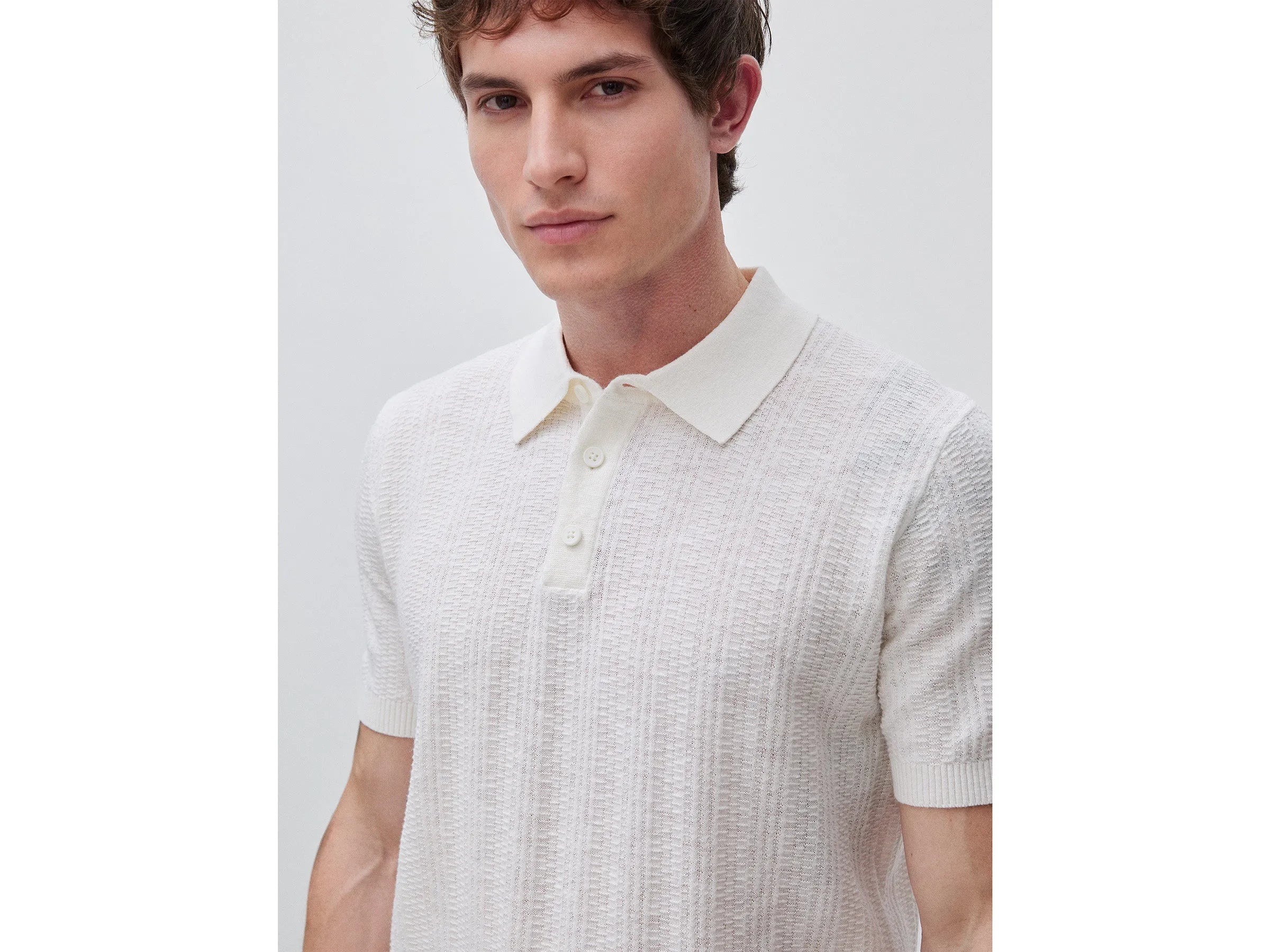 Benetton White Men Textured Linen Blend Polo Shirt SKU: 1DC3U301T_074 Image 05