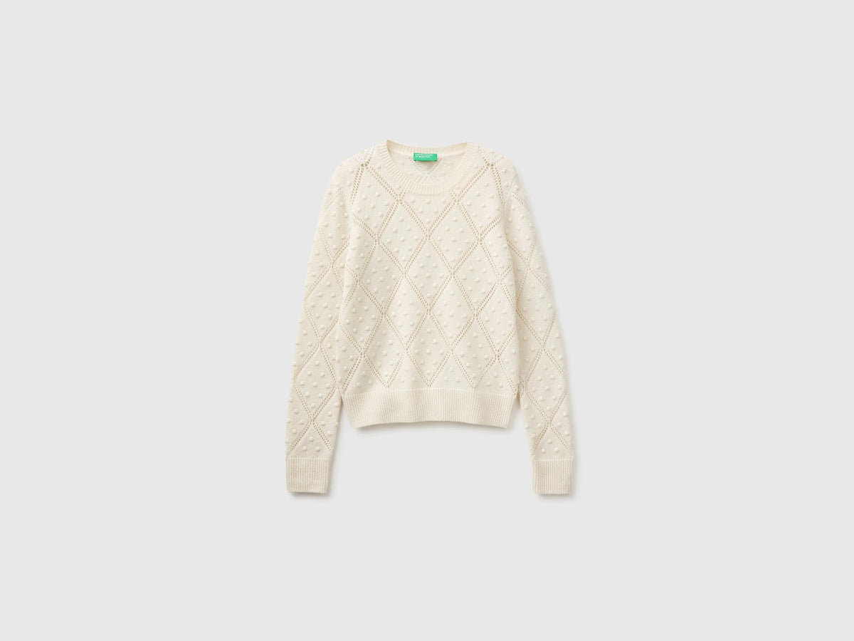 Benetton Creamy White Women Knitted Sweater in Wool Blend SKU: 1KJED10I8_600 Image 05