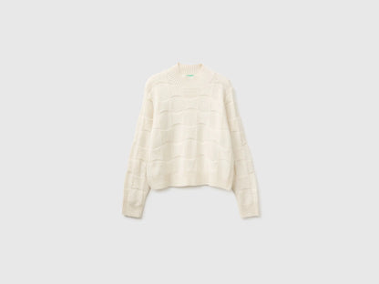 Benetton Creamy White Women Mock-Neck Sweater in Wool Blend SKU: 1KJED2058_600 Image 01