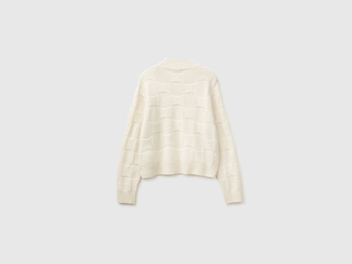 Benetton Creamy White Women Mock-Neck Sweater in Wool Blend SKU: 1KJED2058_600 Image 02