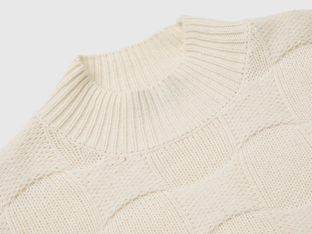 Benetton Creamy White Women Mock-Neck Sweater in Wool Blend SKU: 1KJED2058_600 Image 03