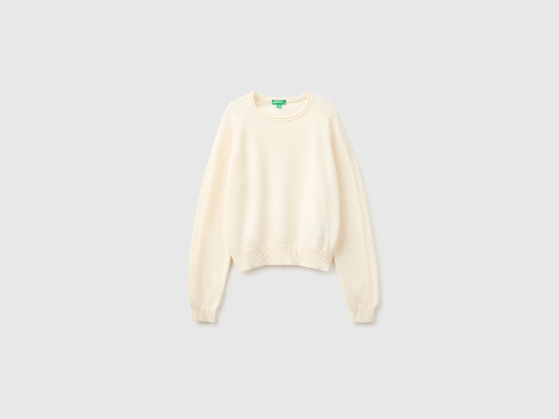 Benetton Creamy White Girls Round Neck Sweater SKU: 1LU4C10AB_0R2 Image 01