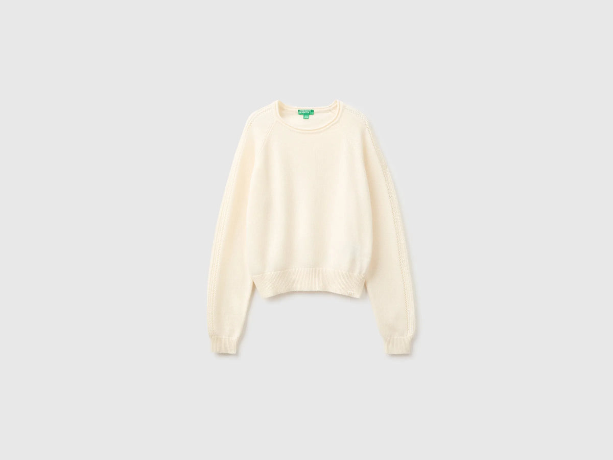 Benetton Creamy White Girls Round Neck Sweater SKU: 1LU4C10AB_0R2 Image 01