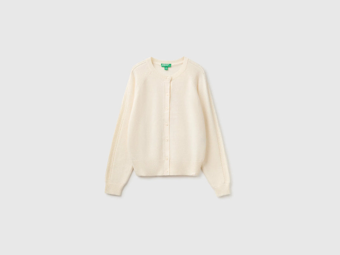 Benetton Creamy White Girls Wool Blend Cardigan SKU: 1LU4C501D_0R2 Image 01