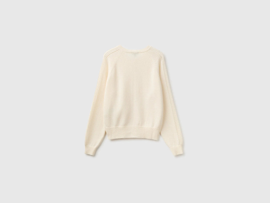 Benetton Creamy White Girls Wool Blend Cardigan SKU: 1LU4C501D_0R2 Image 02