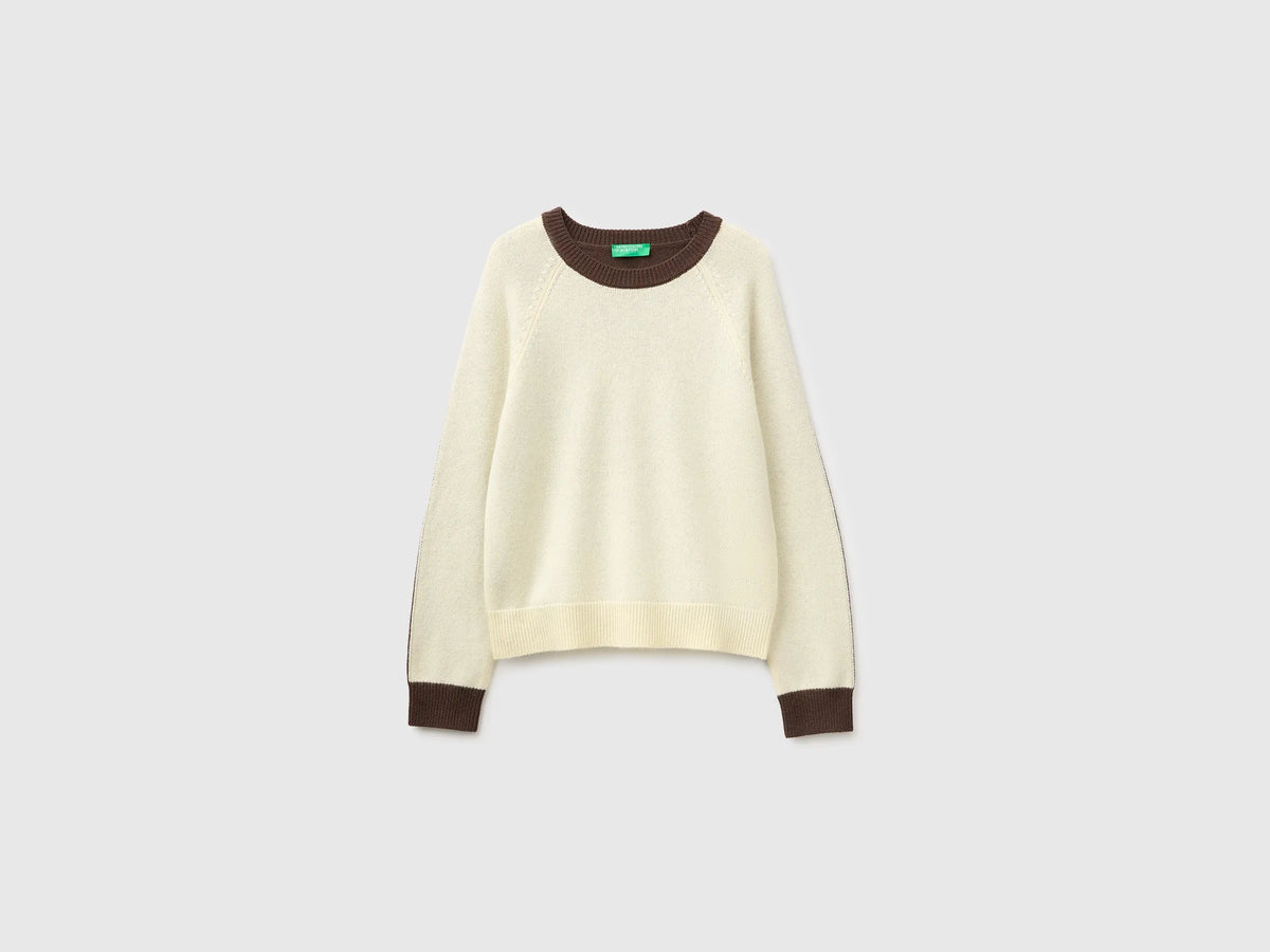 Benetton Creamy White Women 100% Wool Color Block Sweater SKU: 1M6NE10I0_903 Image 05