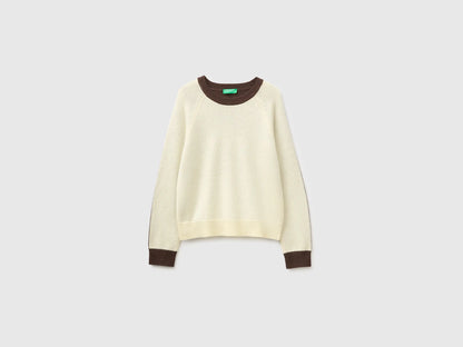 Benetton Creamy White Women 100% Wool Color Block Sweater SKU: 1M6NE10I0_903 Image 05