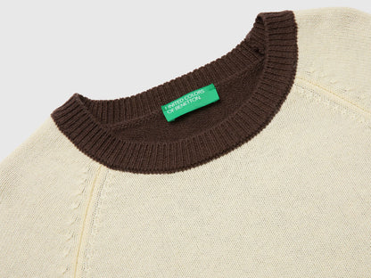 Benetton Creamy White Women 100% Wool Color Block Sweater SKU: 1M6NE10I0_903 Image 07
