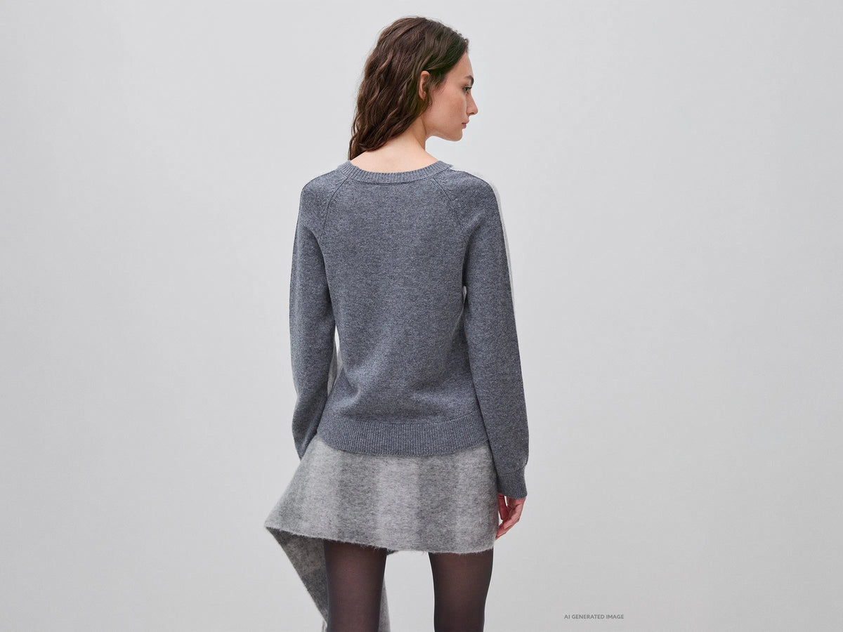 Benetton Light Gray Women 100% Wool Color Block Sweater SKU: 1M6NE10I0_904 Image 02