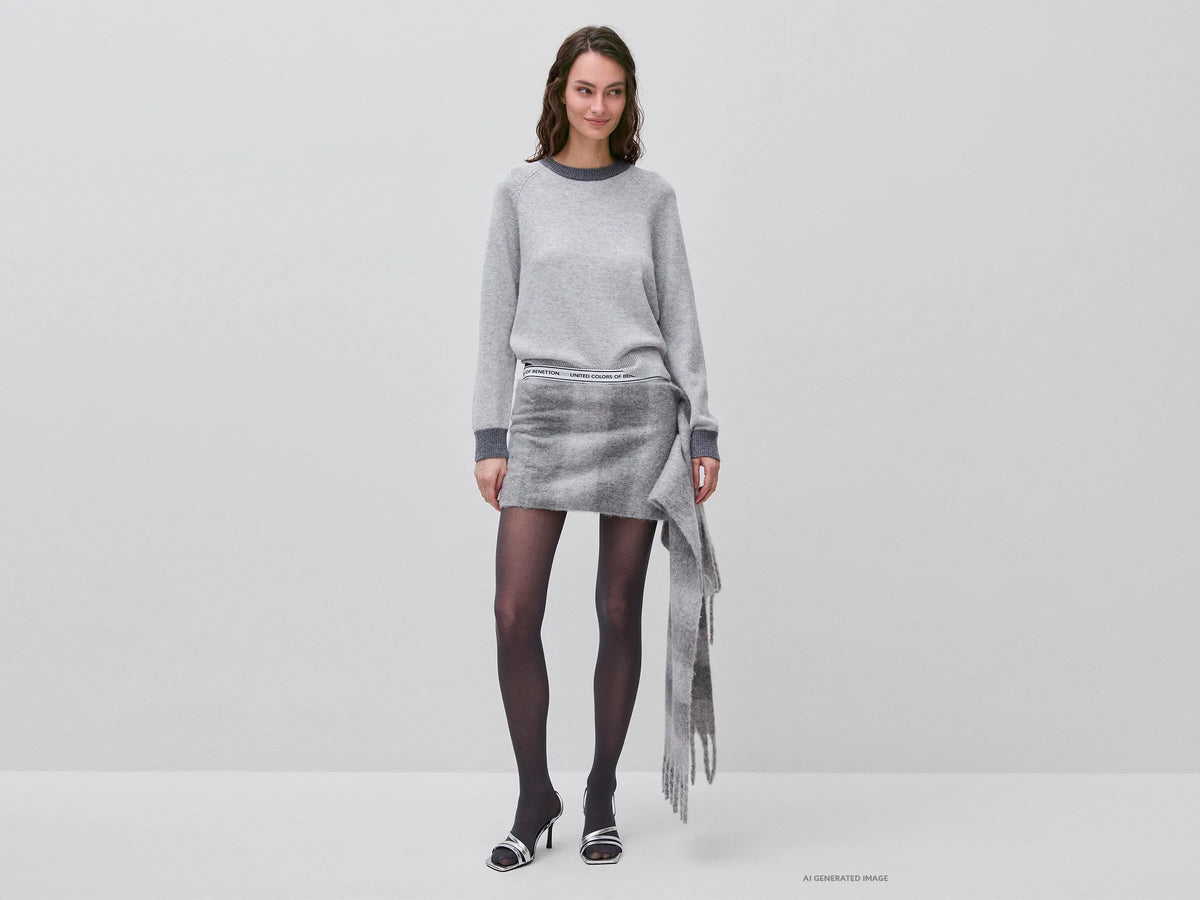 Benetton Light Gray Women 100% Wool Color Block Sweater SKU: 1M6NE10I0_904 Image 03