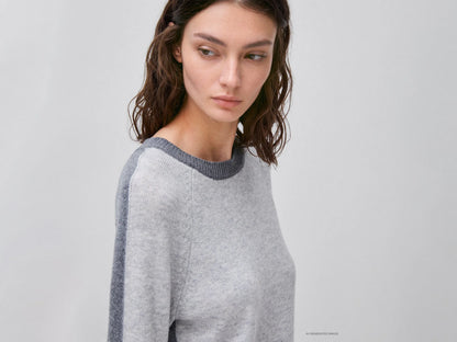 Benetton Light Gray Women 100% Wool Color Block Sweater SKU: 1M6NE10I0_904 Image 04