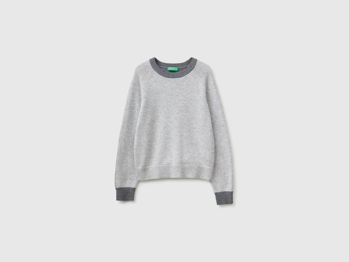 Benetton Light Gray Women 100% Wool Color Block Sweater SKU: 1M6NE10I0_904 Image 05