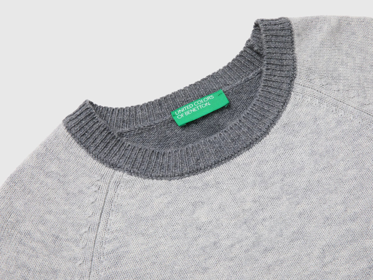 Benetton Light Gray Women 100% Wool Color Block Sweater SKU: 1M6NE10I0_904 Image 07