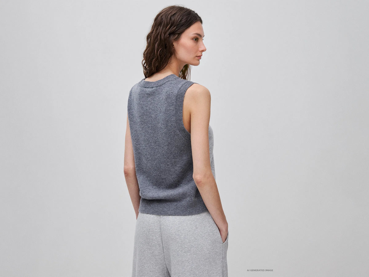 Benetton Light Gray Women 100% Wool Color Block Knitted Vest SKU: 1M6NE10I1_904 Image 02