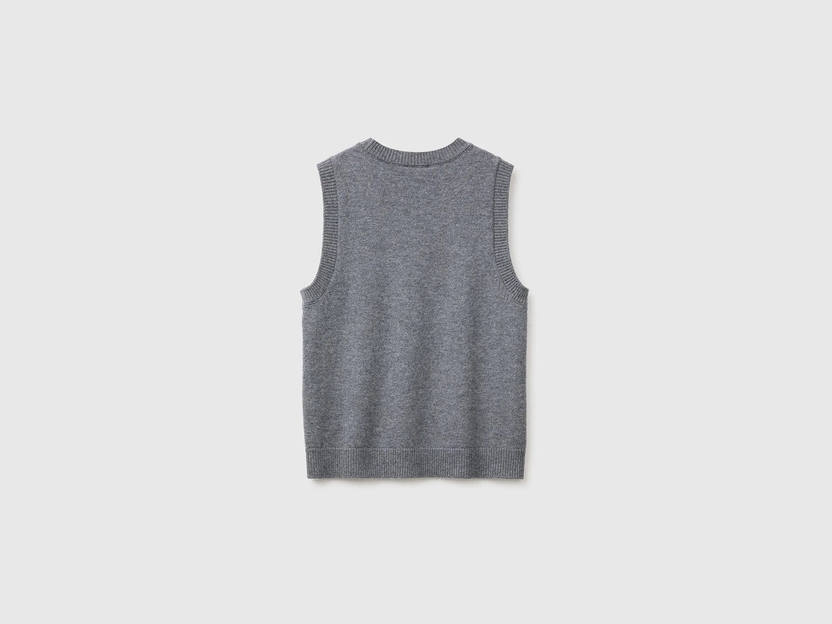 Benetton Light Gray Women 100% Wool Color Block Knitted Vest SKU: 1M6NE10I1_904 Image 06