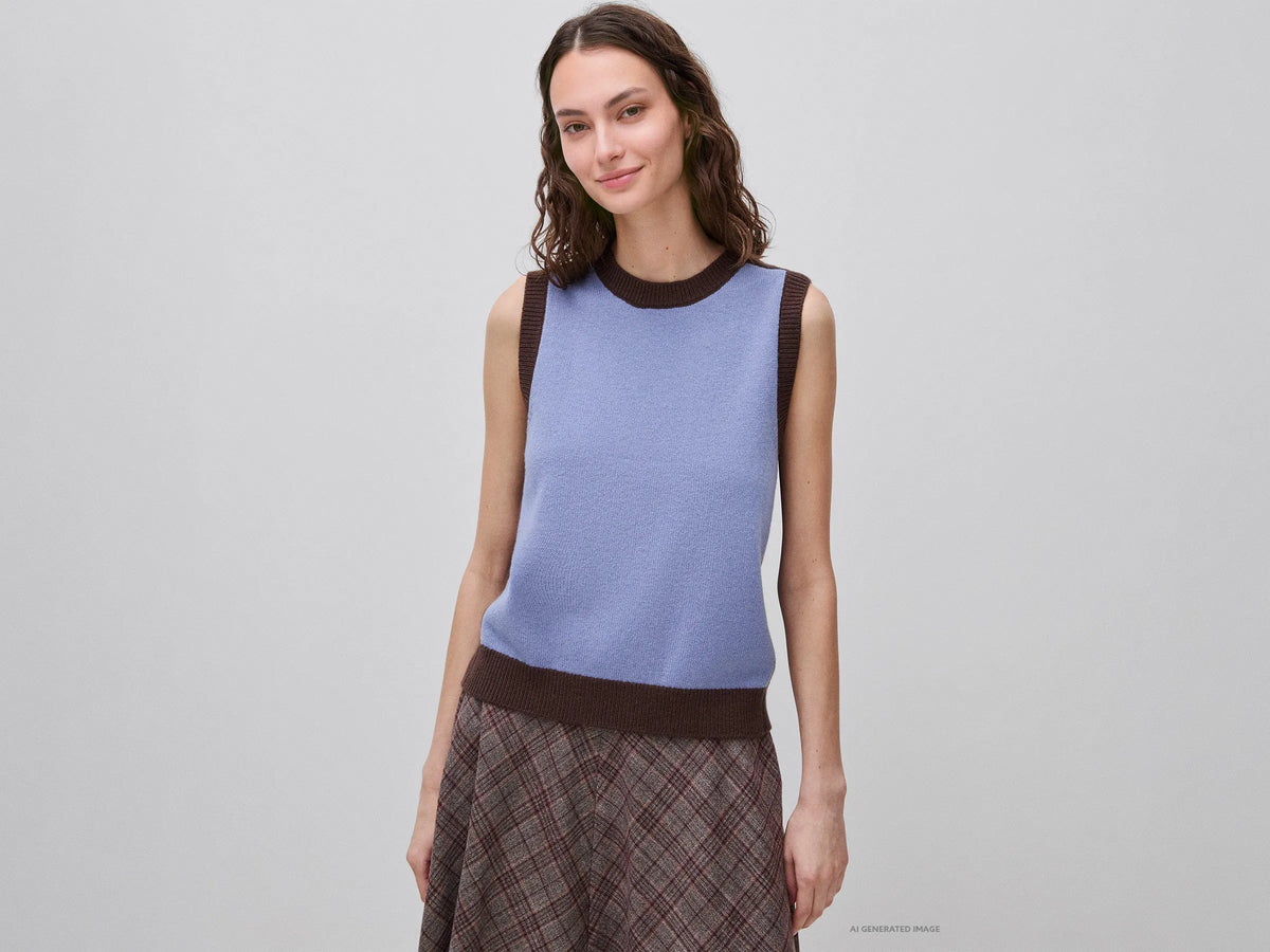 Benetton Sky Blue Women 100% Wool Color Block Knitted Vest SKU: 1M6NE10I1_905 Image 01