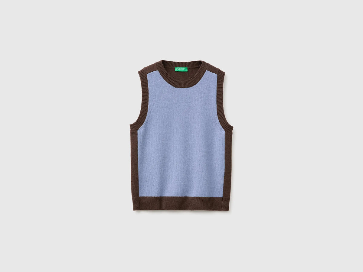 Benetton Sky Blue Women 100% Wool Color Block Knitted Vest SKU: 1M6NE10I1_905 Image 05
