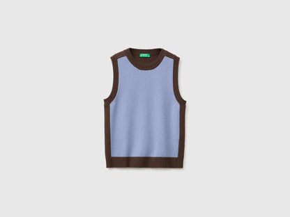 Benetton Sky Blue Women 100% Wool Color Block Knitted Vest SKU: 1M6NE10I1_905 Image 05