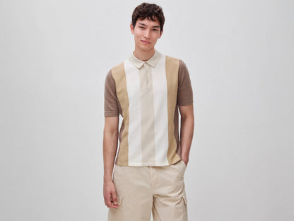 Benetton Beige Men Striped Knit Polo Shirt SKU: 1MQPU301W_152 Image 01