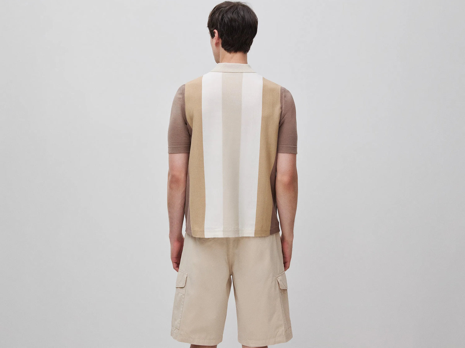 Benetton Beige Men Striped Knit Polo Shirt SKU: 1MQPU301W_152 Image 03