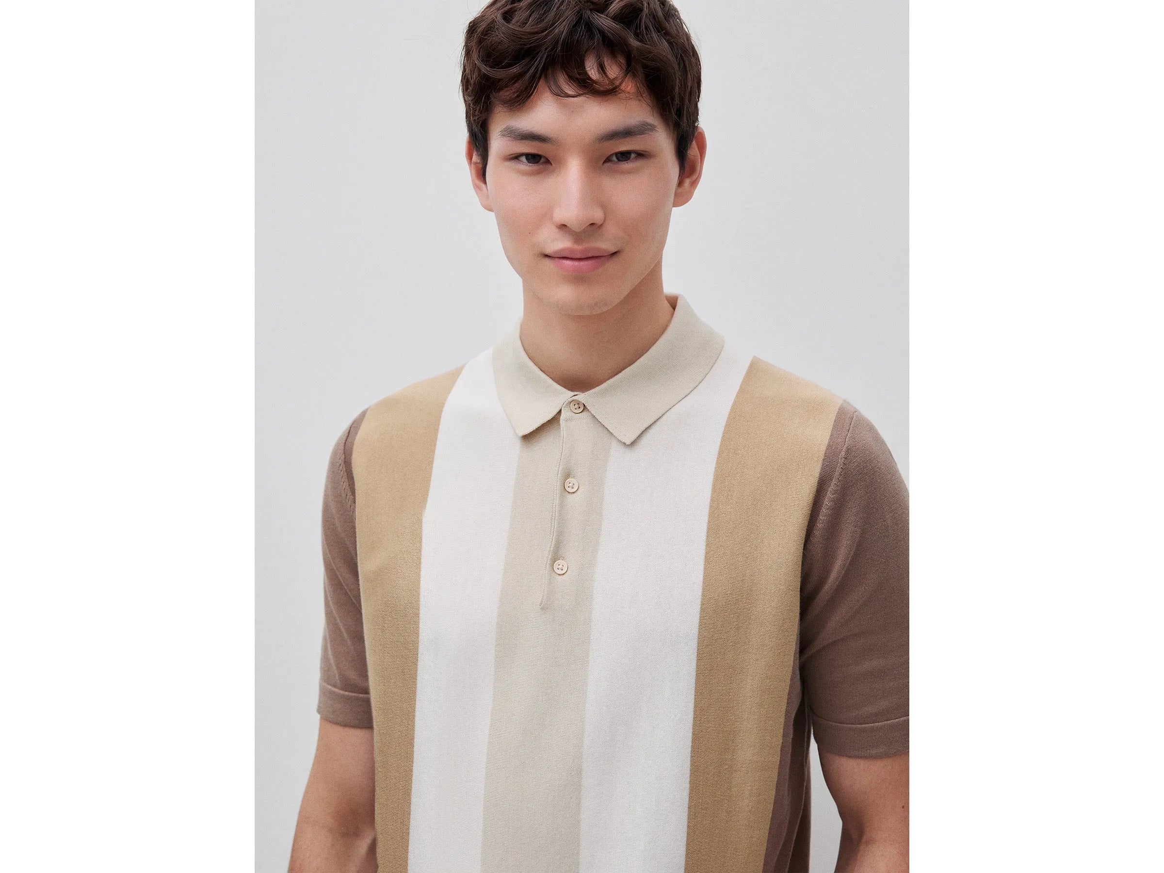 Benetton Beige Men Striped Knit Polo Shirt SKU: 1MQPU301W_152 Image 04