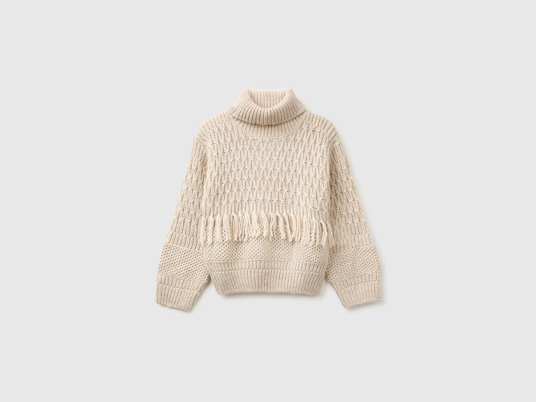 Benetton Creamy White Girls Fringed Jumper in a Wool Blend SKU: 1OEPC200U_901 Image 01