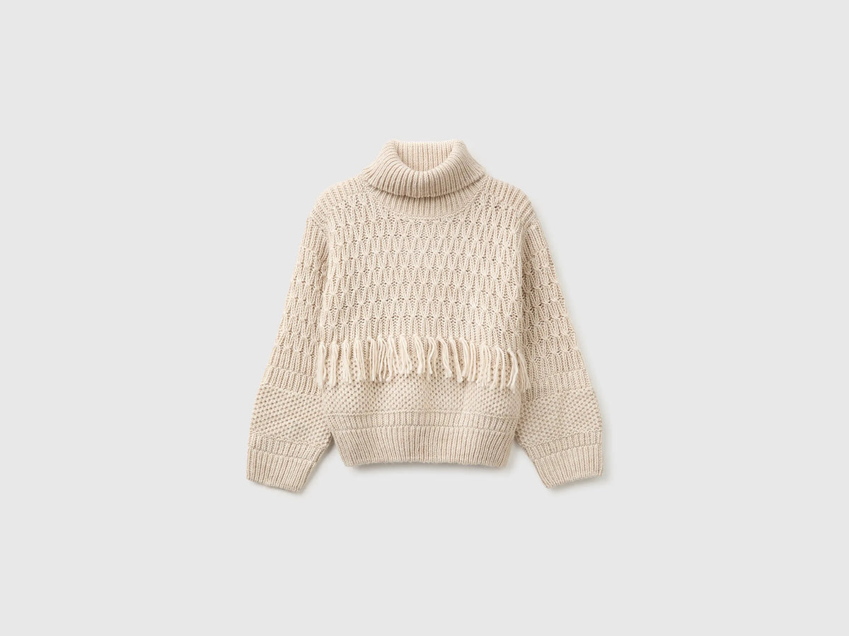 Benetton Creamy White Girls Fringed Jumper in a Wool Blend SKU: 1OEPC200U_901 Image 01