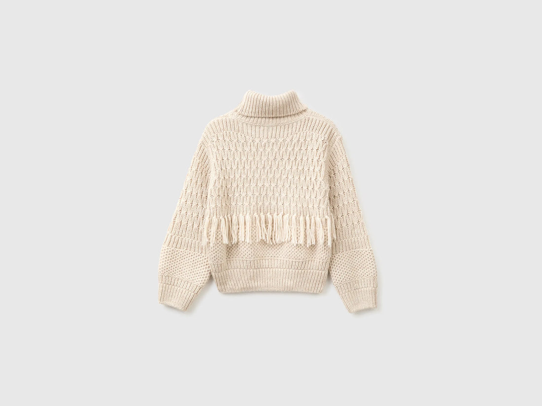 Benetton Creamy White Girls Fringed Jumper in a Wool Blend SKU: 1OEPC200U_901 Image 02