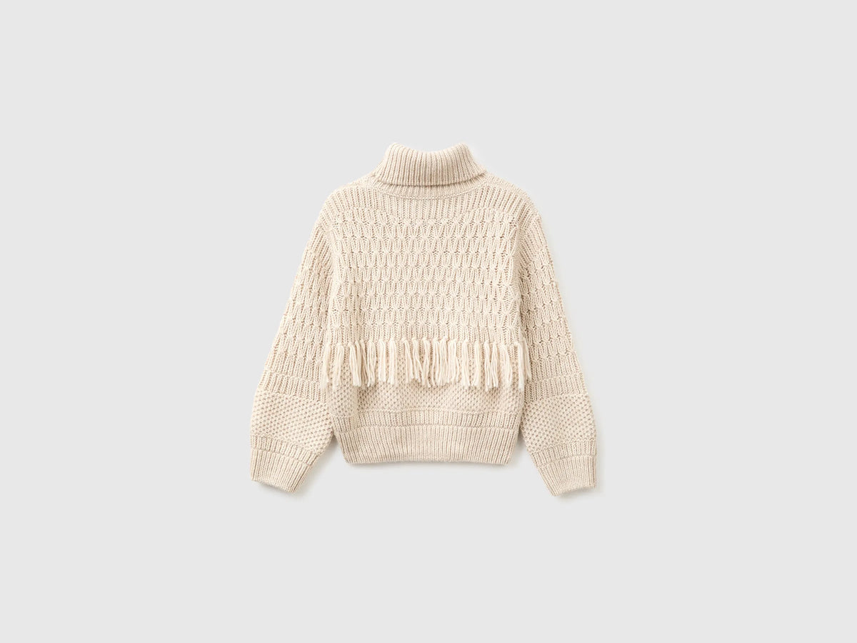 Benetton Creamy White Girls Fringed Jumper in a Wool Blend SKU: 1OEPC200U_901 Image 02
