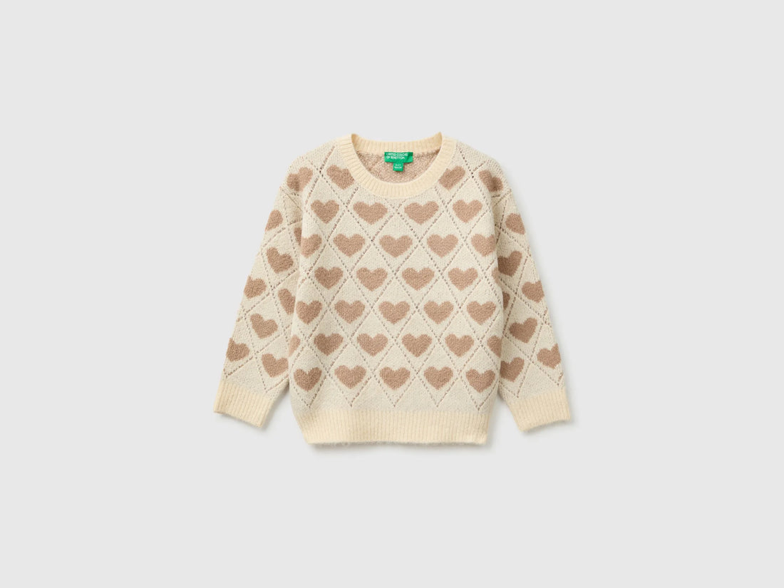 Benetton Creamy White Girls Sweater with Heart Inlay SKU: 1OHHH103D_901 Image 01