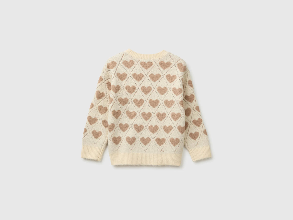 Benetton Creamy White Girls Sweater with Heart Inlay SKU: 1OHHH103D_901 Image 02