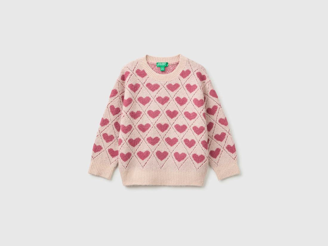 Benetton Soft Pink Girls Sweater with Heart Inlay SKU: 1OHHH103D_902 Image 01