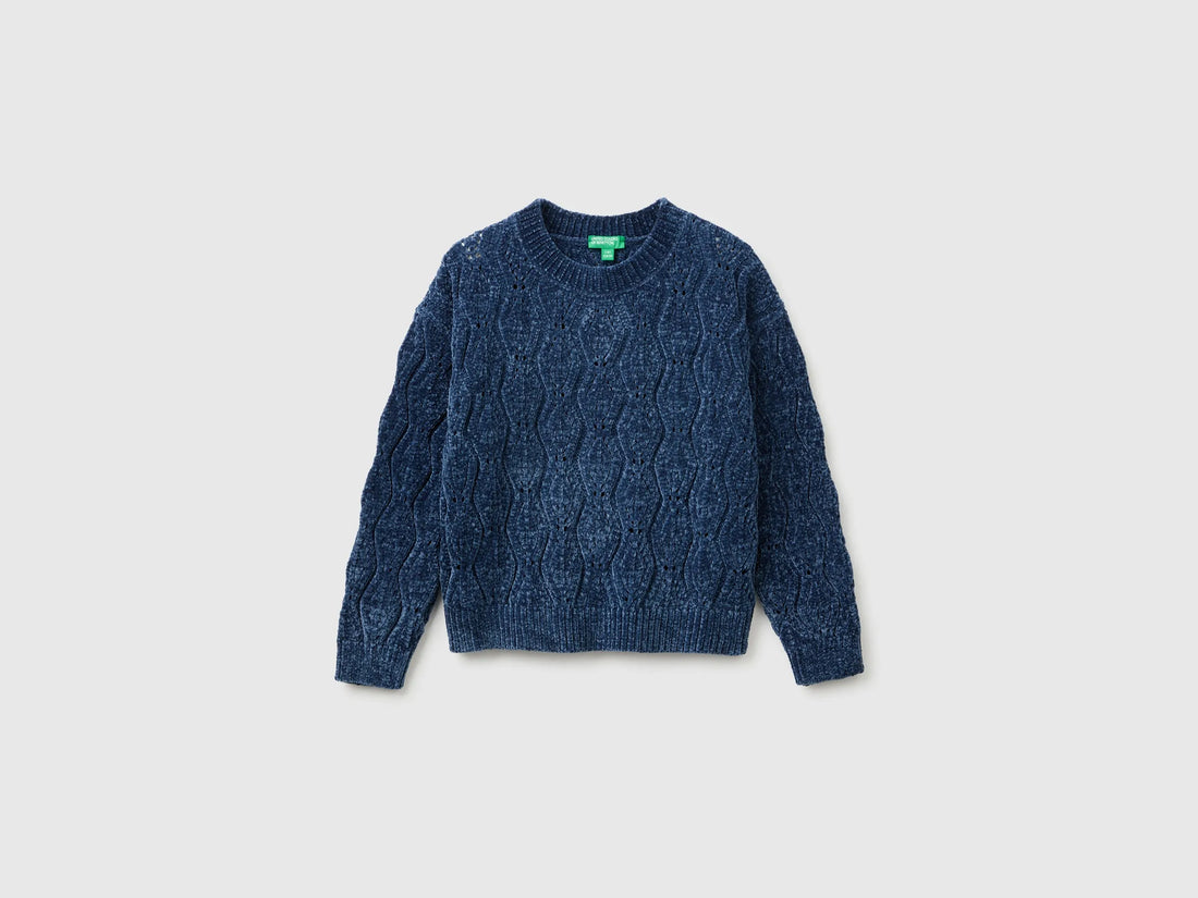 Benetton Blue Girls Chenille Crew Neck Sweater SKU: 1PEUC10AG_355 Image 01